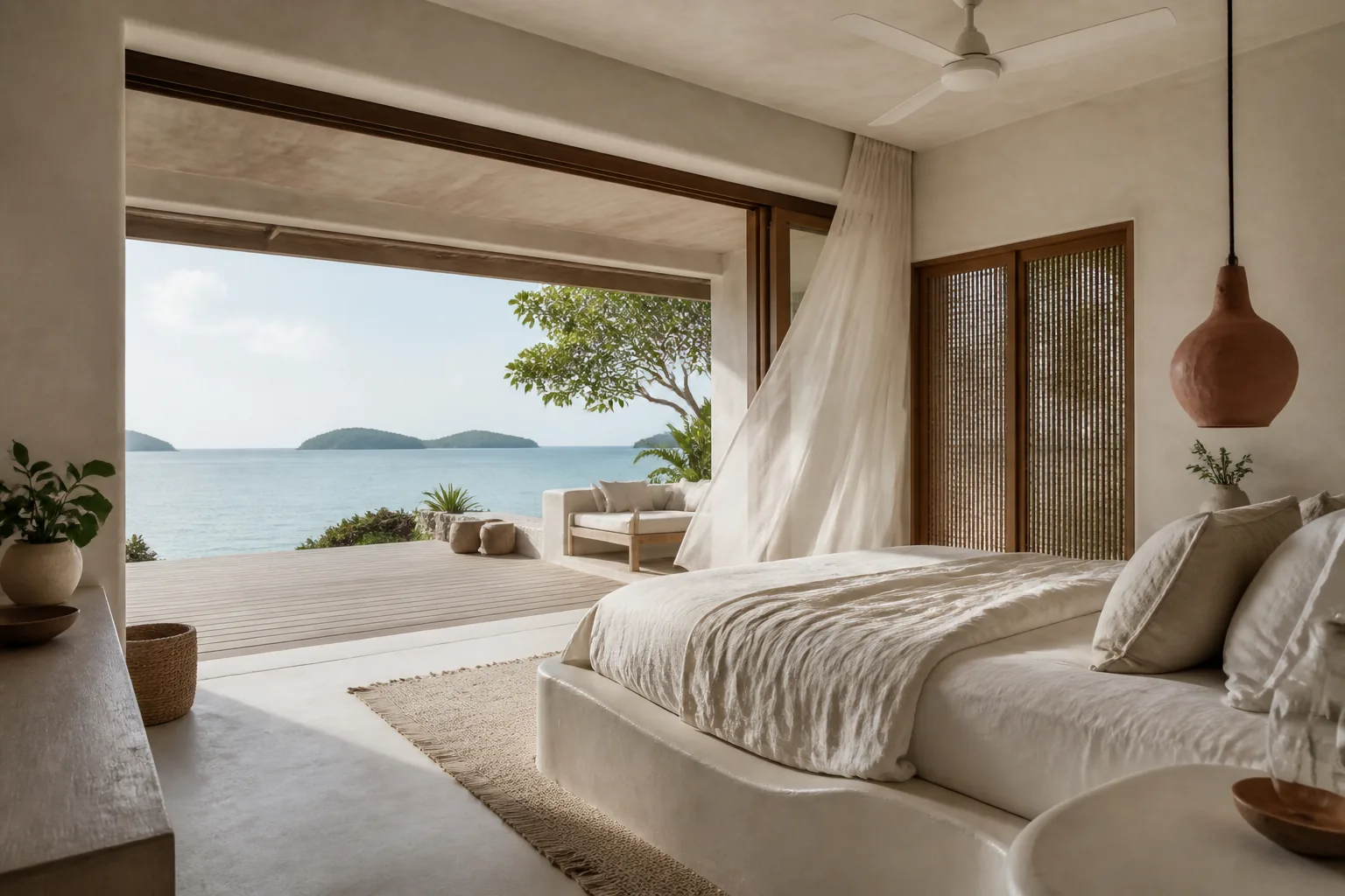 Serene Langkawi bedroom opening to a shaded sea-facing terrace