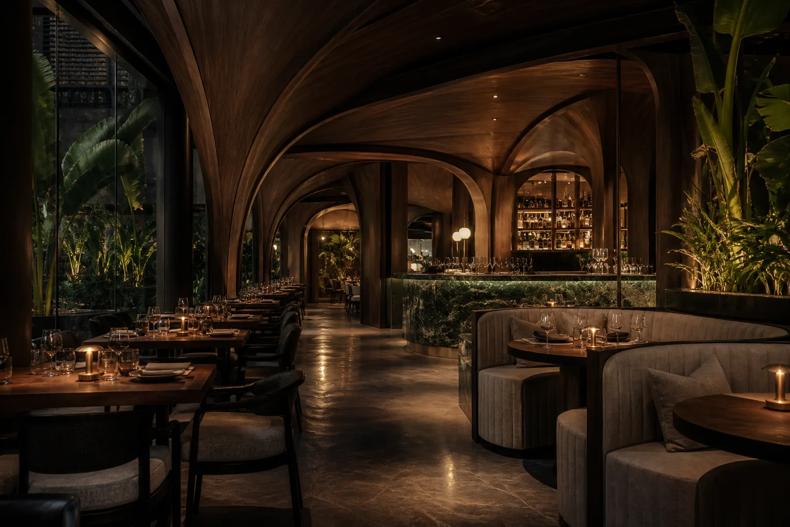 Dark timber restaurant with sculptural arches and an emerald stone bar