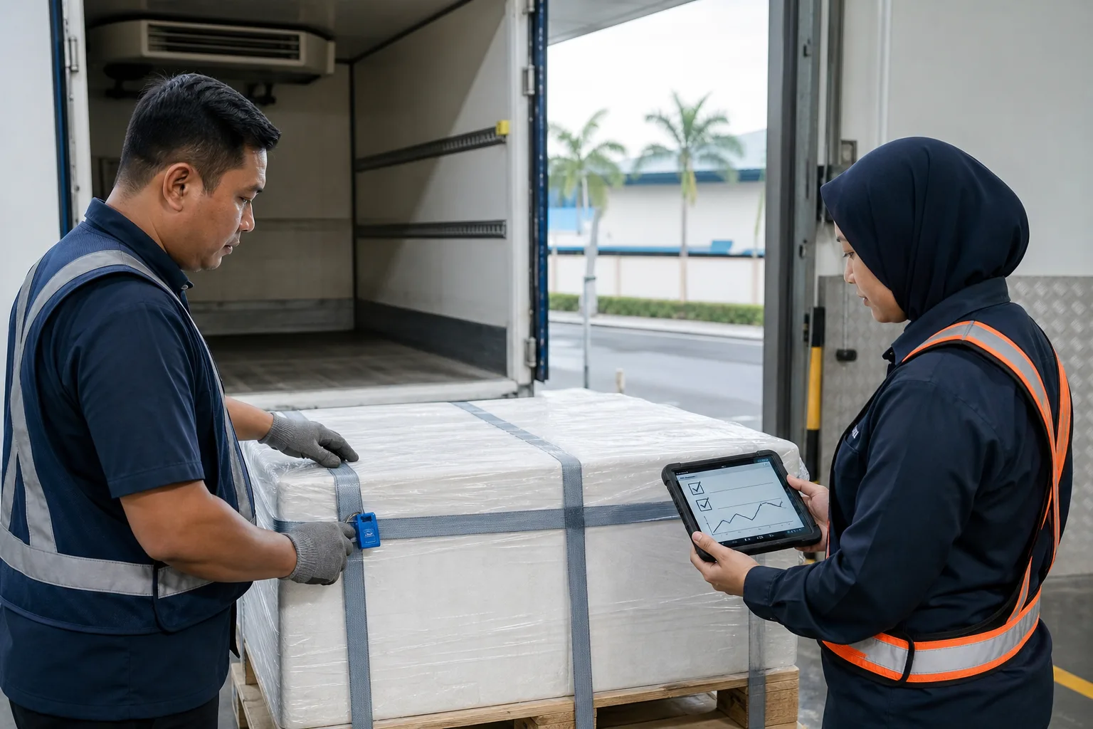 Two Malaysian cold-chain staff checking a sealed pallet and temperature record at delivery handoff