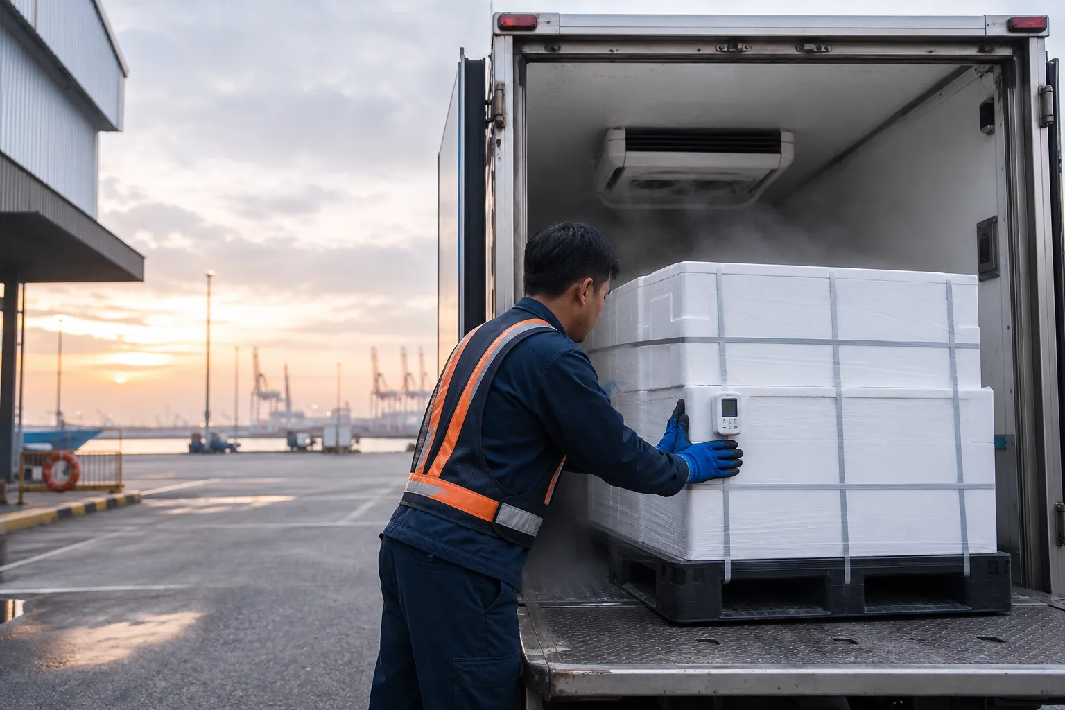 Cold-chain operator loading a sealed temperature-controlled pallet into a refrigerated truck at Port Klang