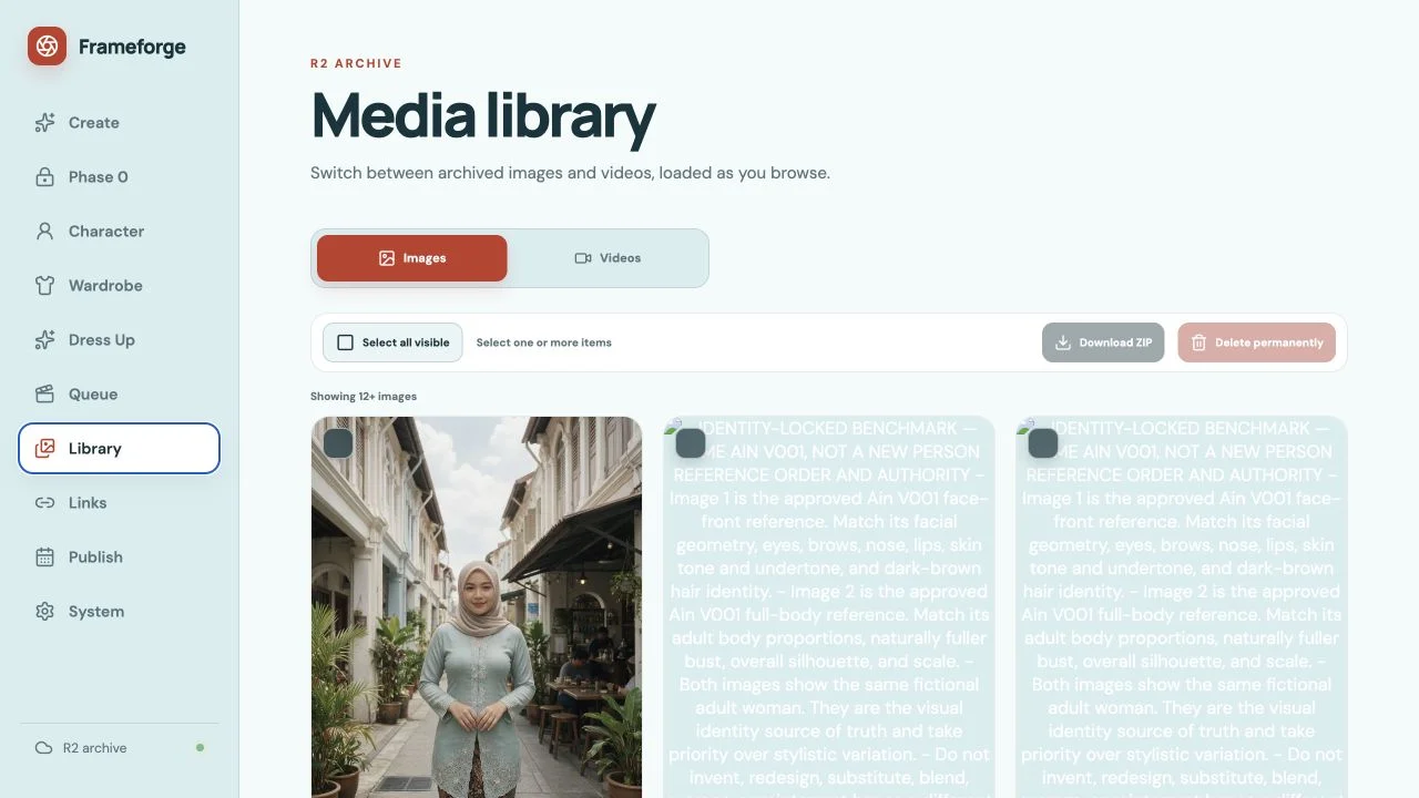 Controlled AI media workflow with a durable review library