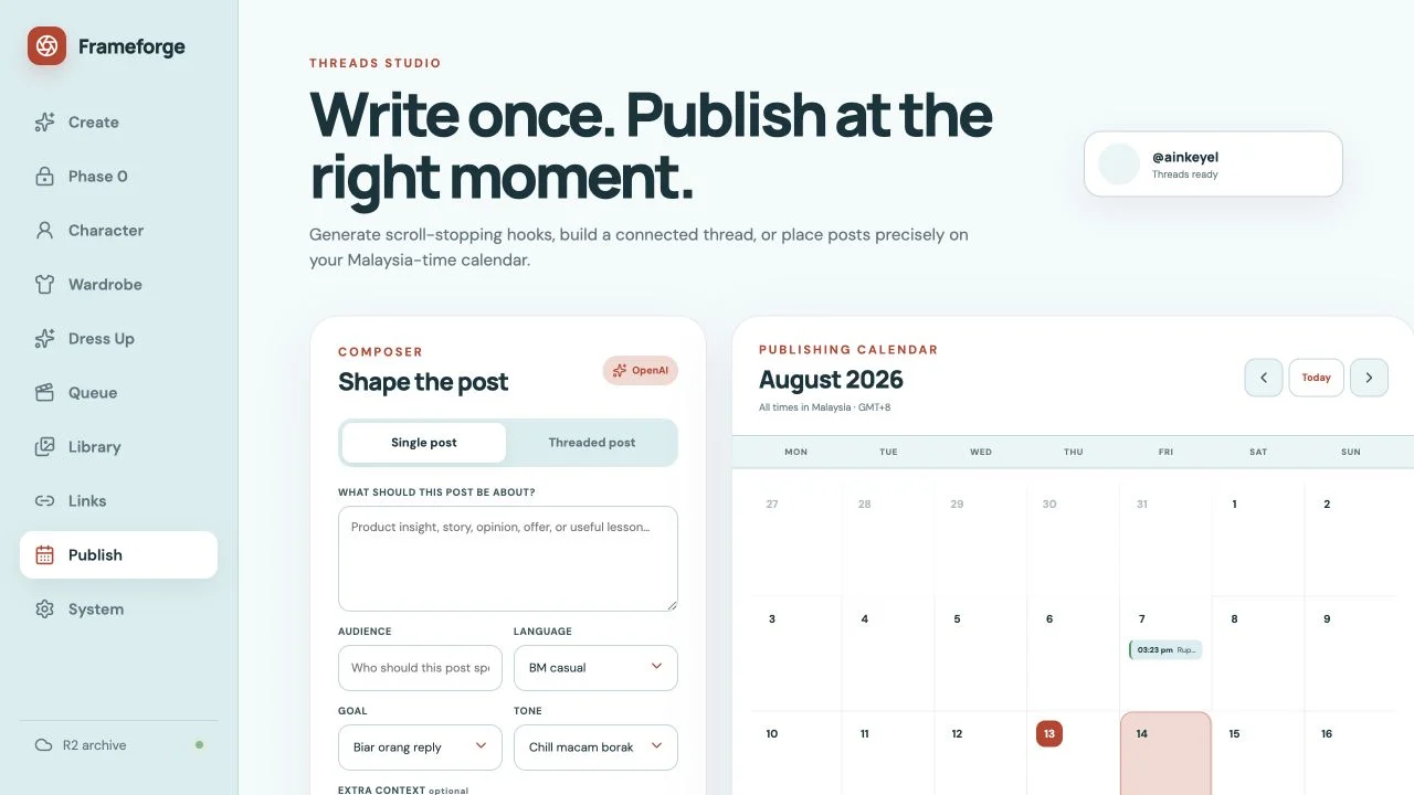 Frameforge Threads composer and Malaysia-time publishing calendar