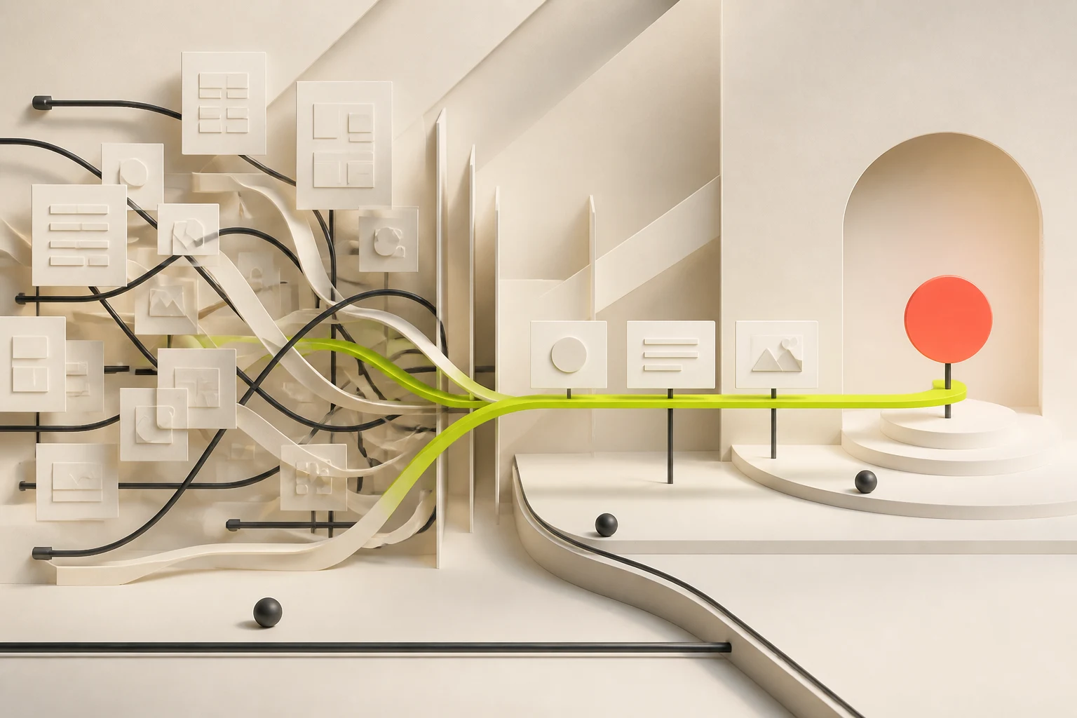 Abstract path from complex website content to one clear enquiry