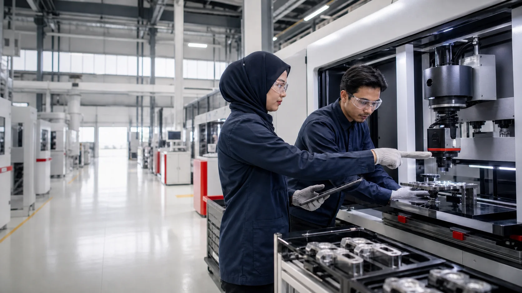 Malaysian engineers working at an advanced optical inspection system in a fictional facility