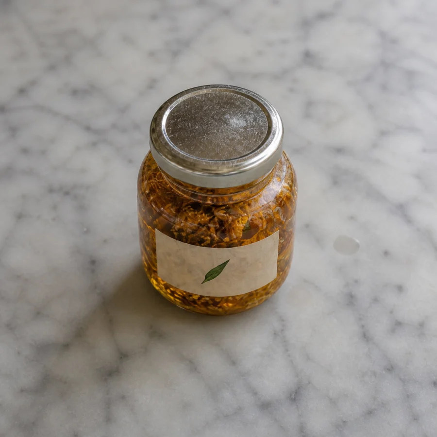 Fictional handmade KACAU Rangup Limau jar on a marble kopitiam table