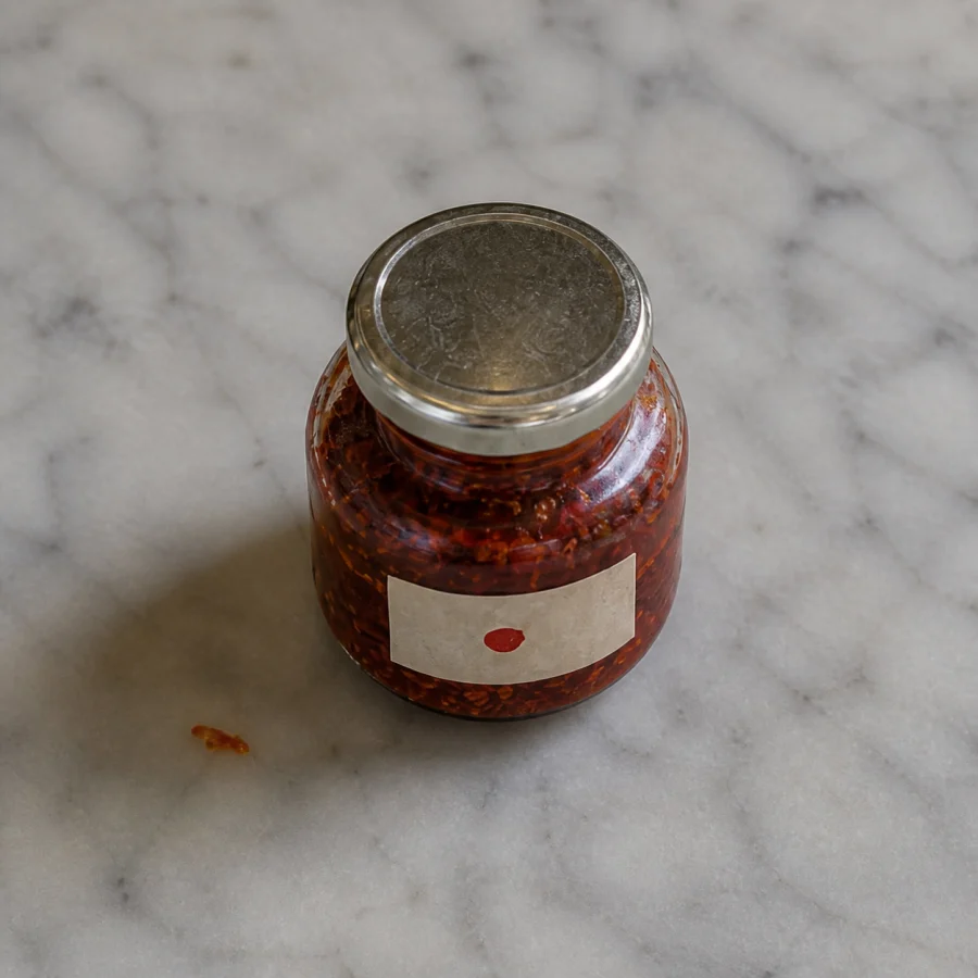 Fictional handmade KACAU Pedas Lebih jar on a marble kopitiam table