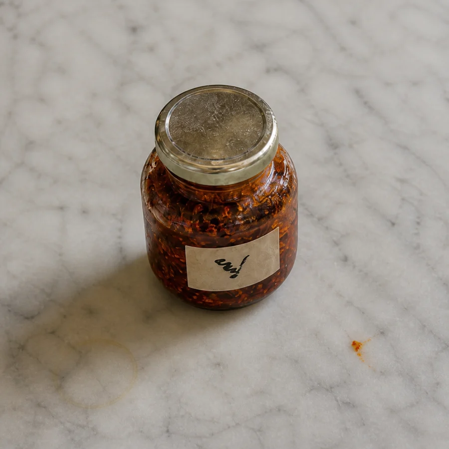 Fictional handmade KACAU Sambal Berasap jar on a marble kopitiam table