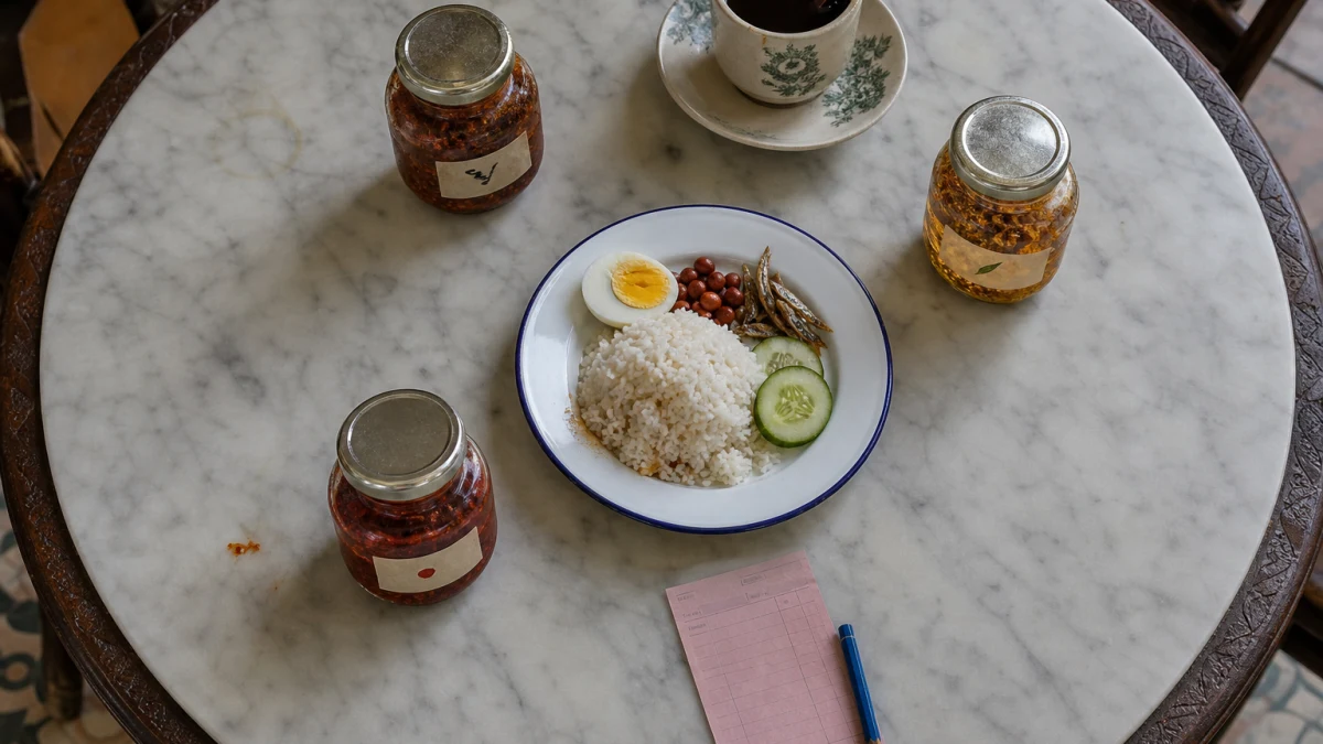 Three fictional KACAU sambal jars on a Malaysian kopitiam marble table