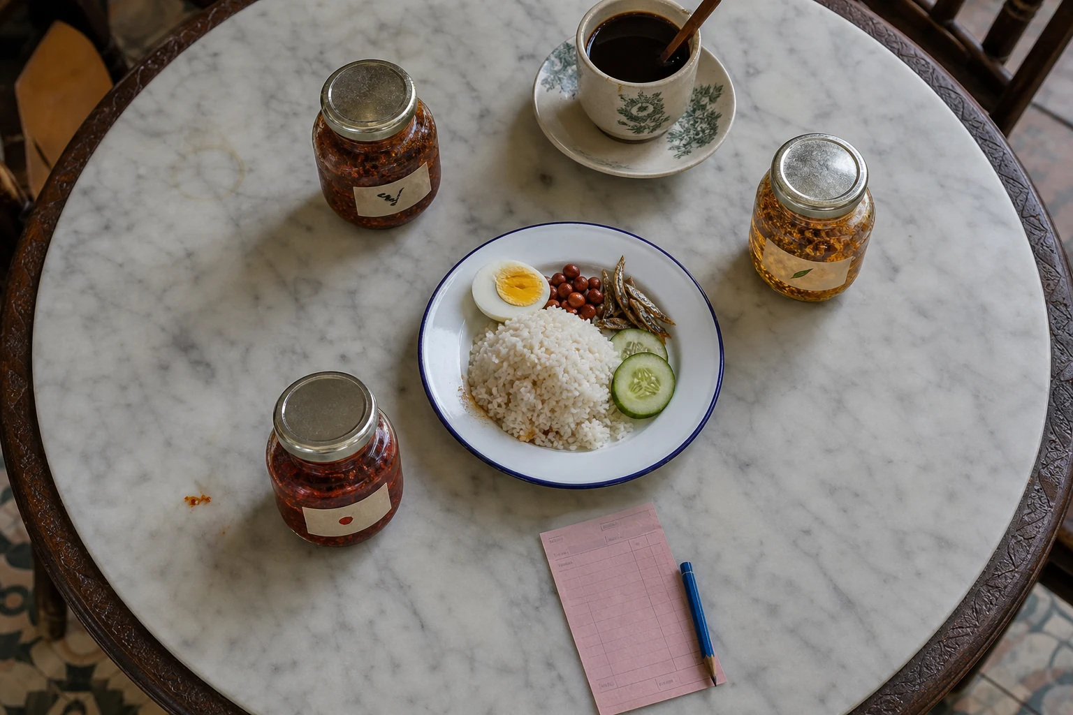 Three fictional sambal jars, nasi lemak and an order chit on a round Malaysian kopitiam marble table