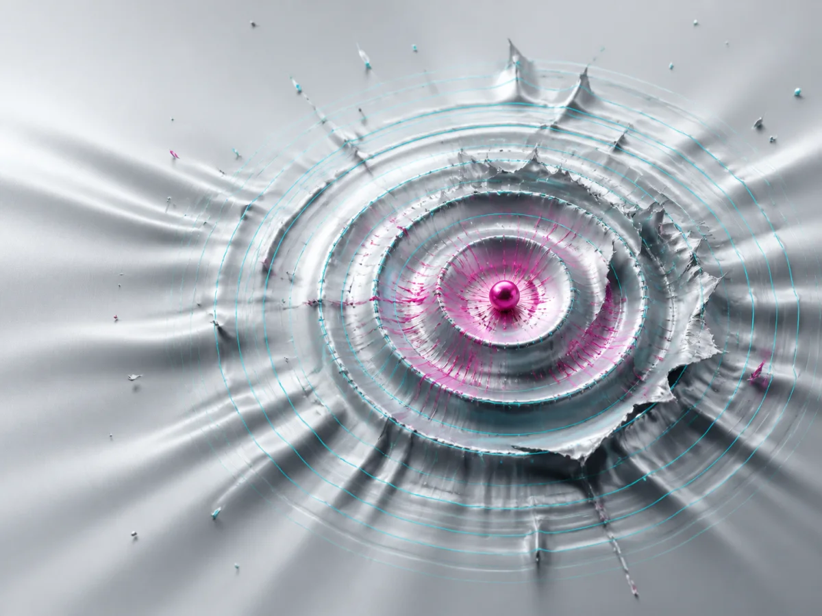 Silver sonic membrane with magenta impact point and aqua wave lines