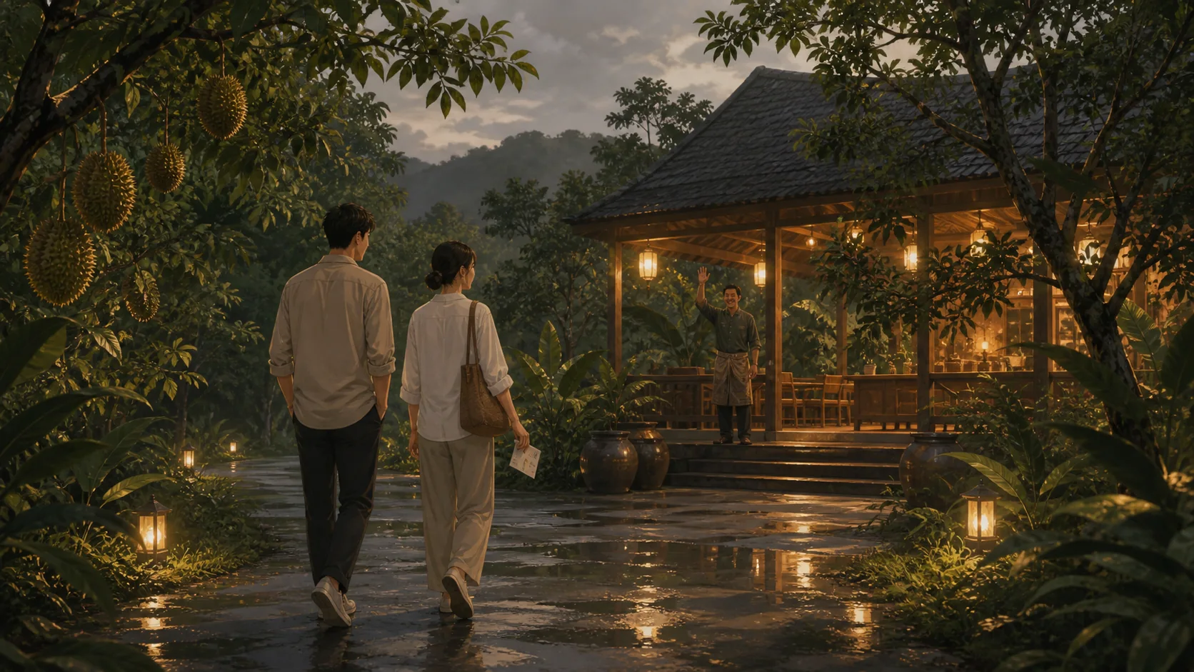 Anime-style concept illustration of two guests leaving a Bentong orchard tasting pavilion at dusk