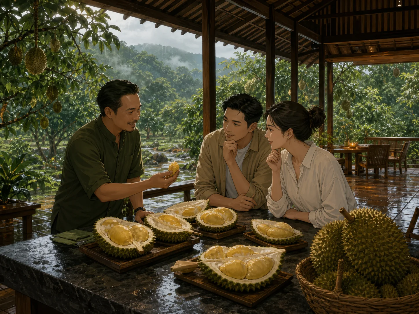 Anime-style concept illustration of a host guiding two guests through a durian tasting in a Bentong orchard pavilion