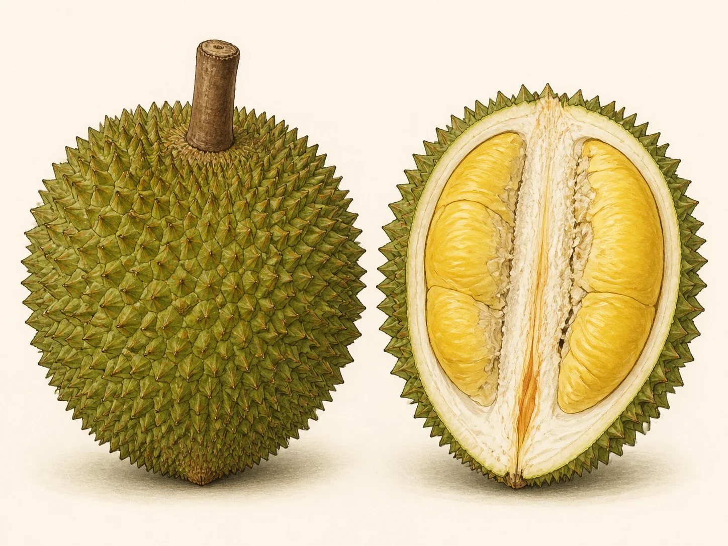 Source-guided illustration of a whole Tekka durian and its cut-open yellow-orange flesh
