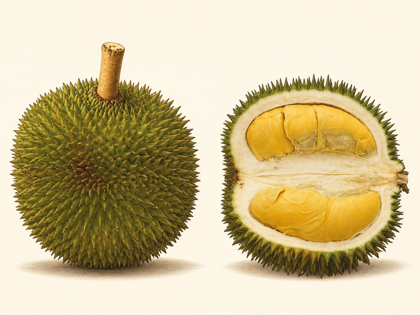 Source-guided illustration of a whole IOI durian and its cut-open yellow-orange flesh