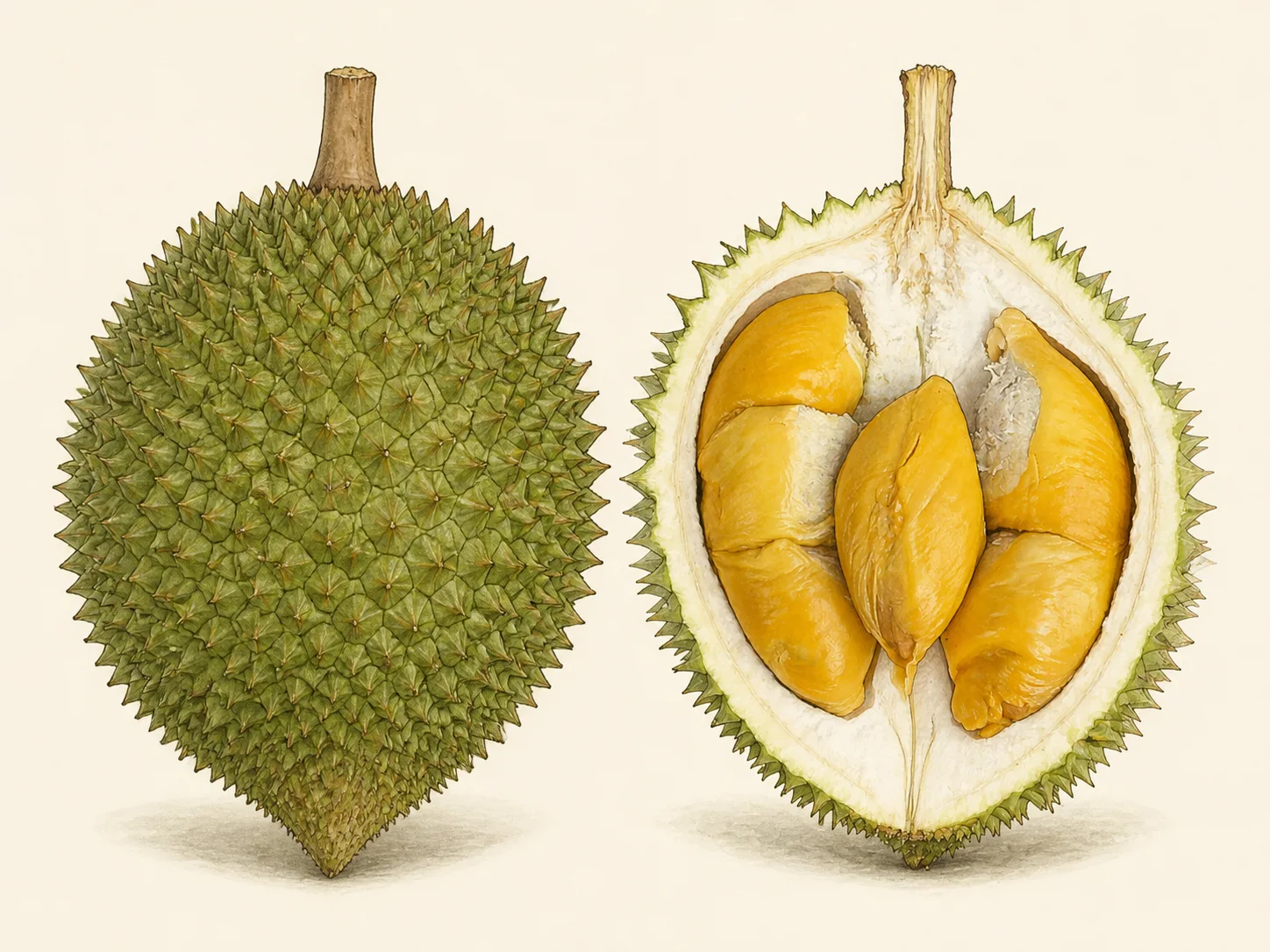 Source-guided illustration of a whole Red Prawn durian and its cut-open muted golden-orange flesh
