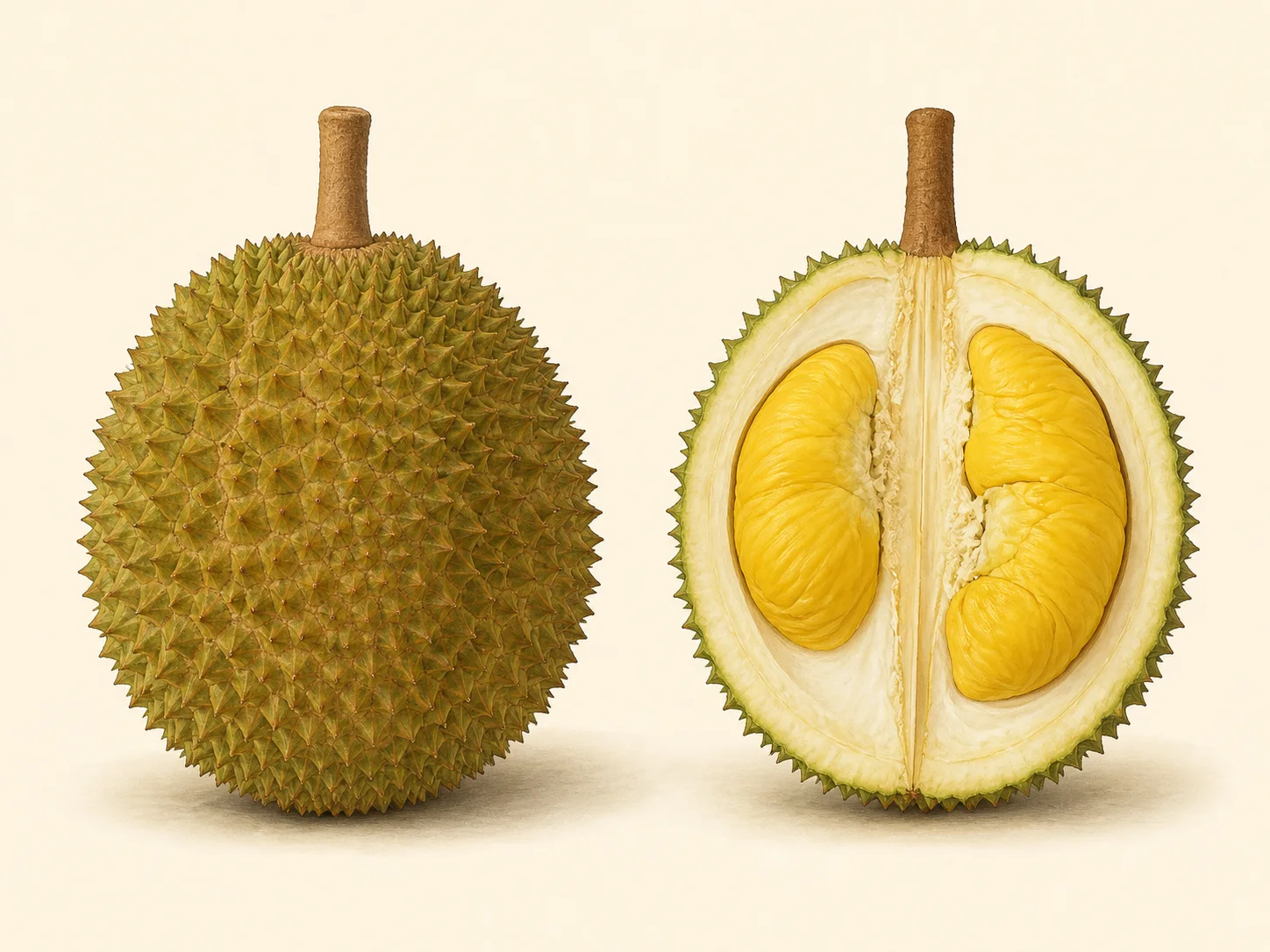 Source-guided illustration of a whole Musang King durian and its cut-open strong yellow flesh