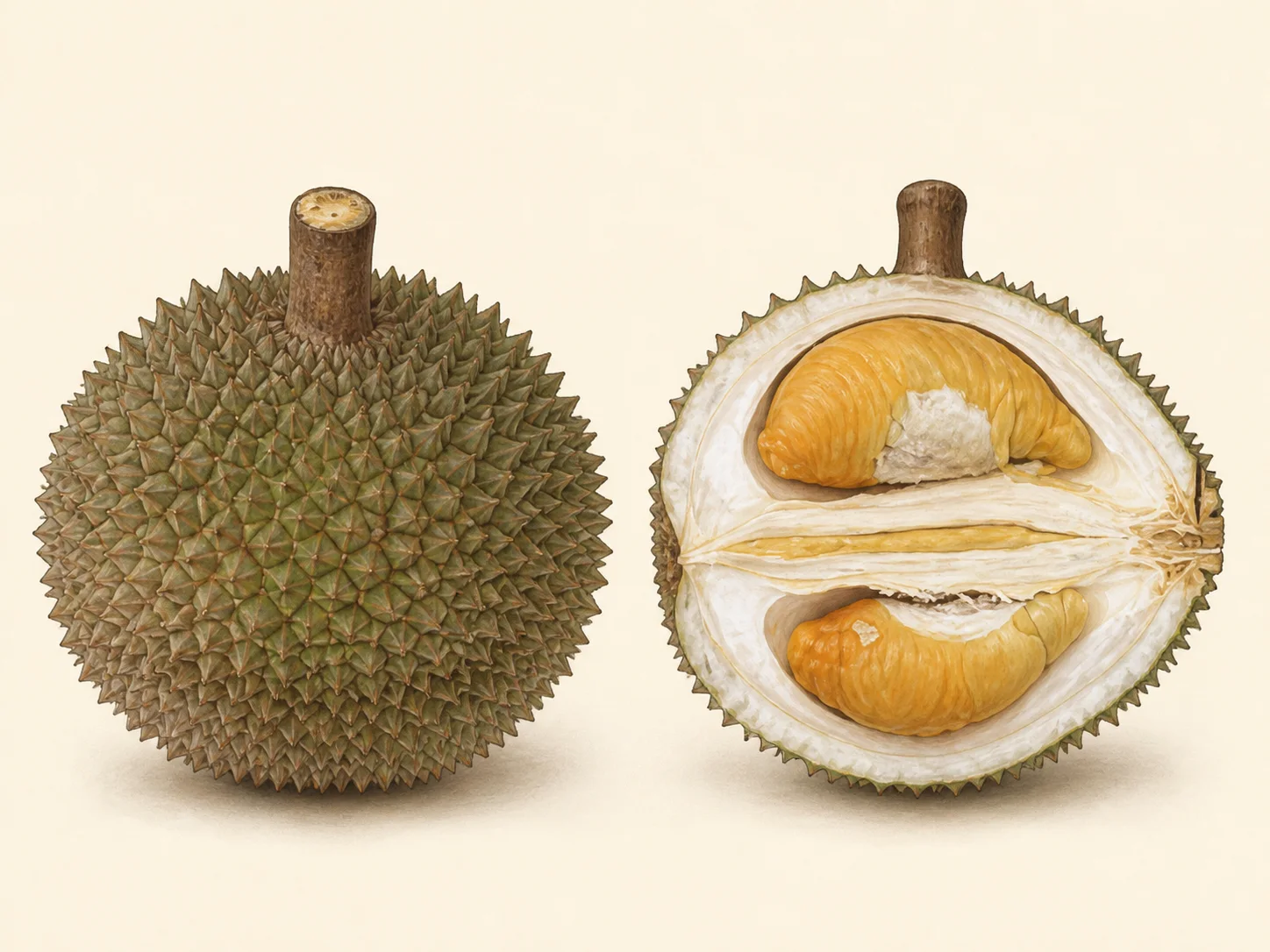 Source-guided illustration of a whole Black Thorn durian and its cut-open natural orange flesh
