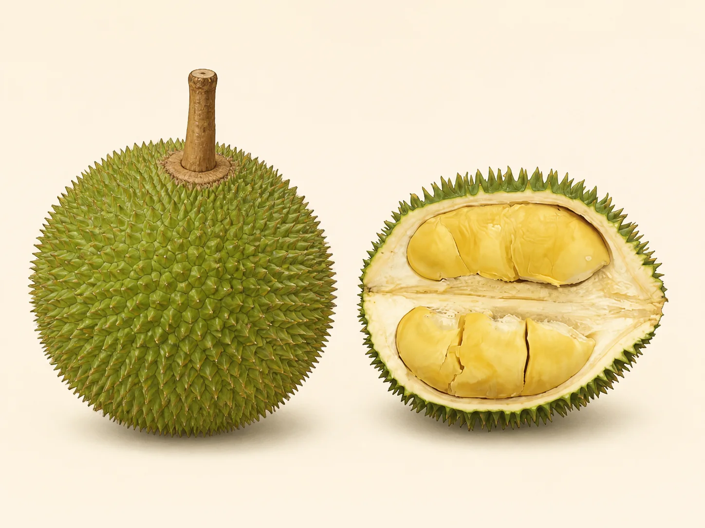 Source-guided illustration of a whole D24 durian and its cut-open pale yellow flesh